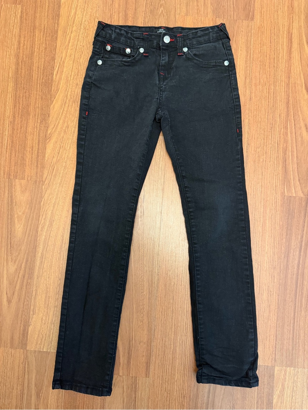 True Religion Women's Black Skinny Jeans with Subtle Red Stitching